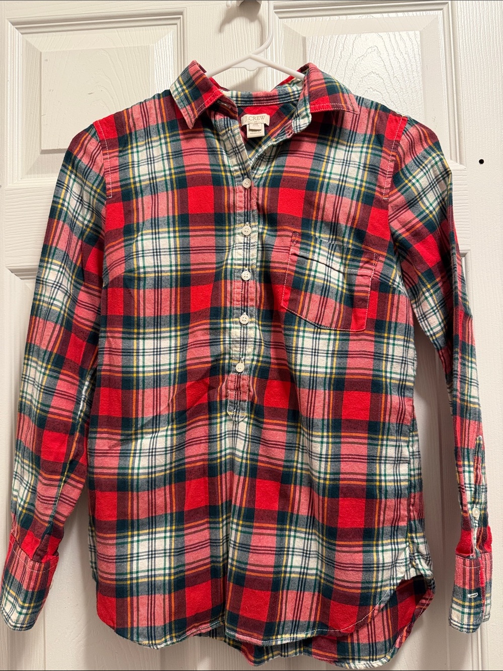 J. Crew Factory Red and Green Plaid Flannel Partial Button-Down Shirt